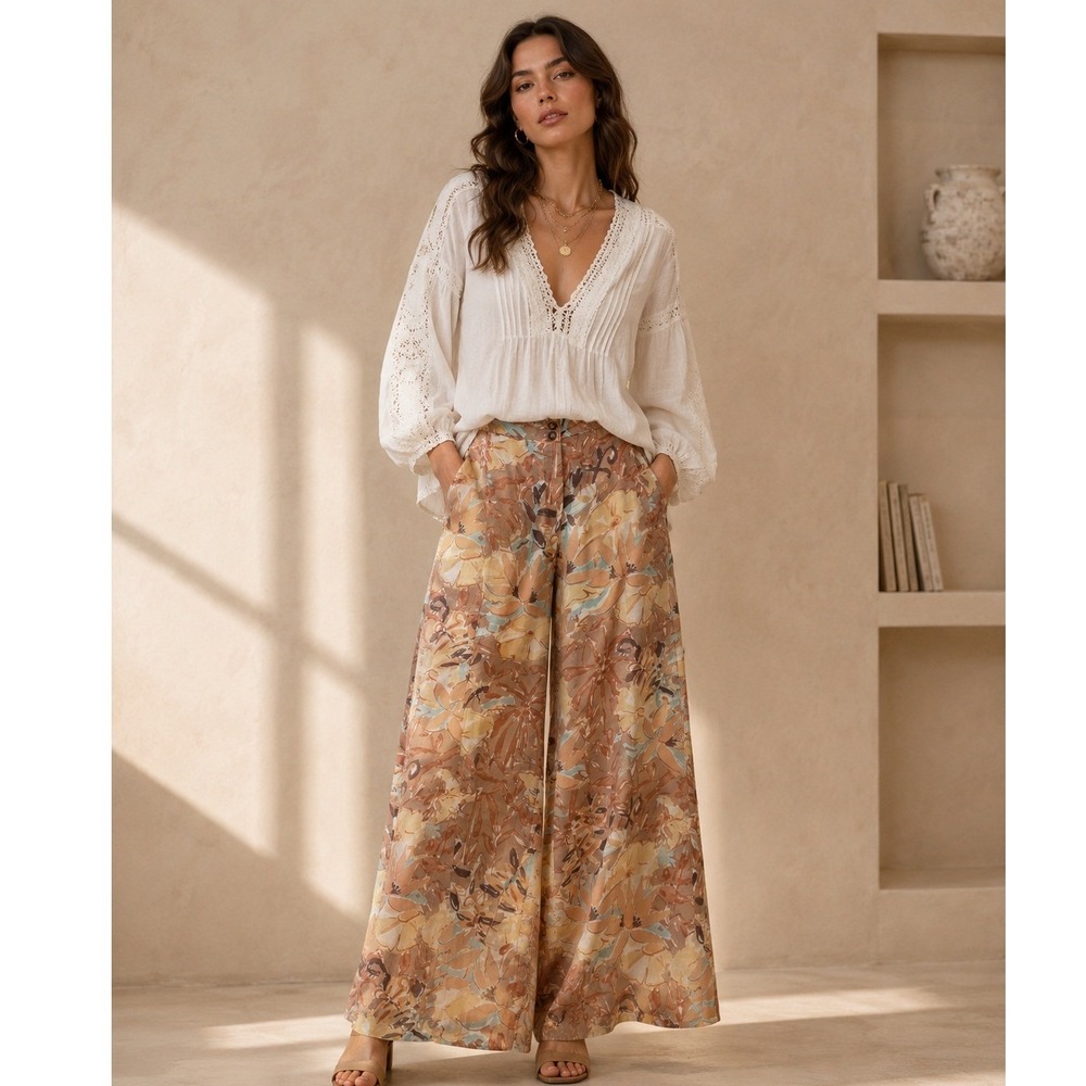 Vintage Tiki Tirawa Pants Women 40 Brown Silk Cotton High waisted Wide Leg Boho